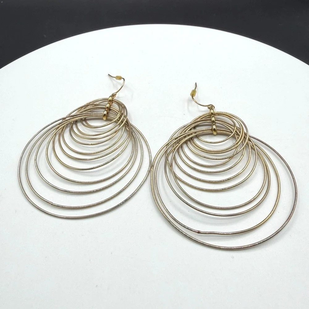 Gold Tone Concentric Multi Hoop Chandelier Earrings Oversized Dangle Statement